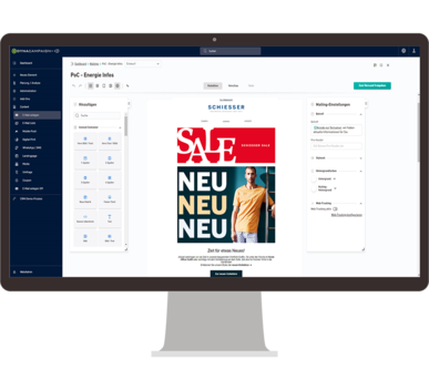 Screenshot eines E‑Mail-Editors mit Newsletter-Vorschau 'SALE' und 'NEU NEU NEU'.