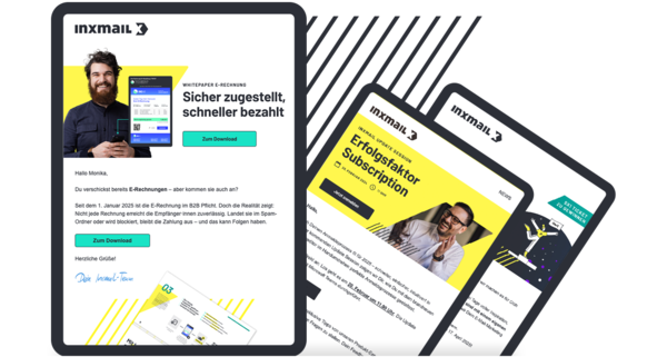 Drei Tablet-Displays mit Newsletter-Layouts, Porträts und Download-Buttons