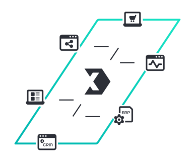Parallelogram mit stilisiertem X-Logo und Icons für CRM, ERP, Einkaufswagen und Analyse