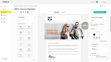 Screenshot eines Newsletter-Editors zeigt MYKA-Newsletter mit Bannertext 'IMMER DER SONNE NACH'.