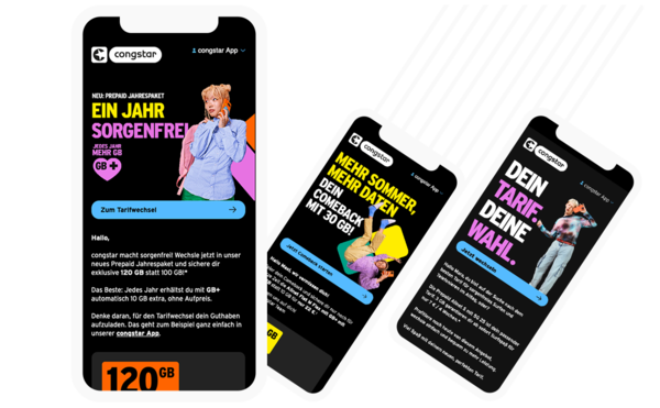 Drei Smartphone-Mockups mit congstar-Werbemotiven und großem Aktions-Text.