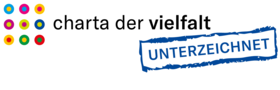 Buntes Punktmuster, Schriftzug 'charta der vielfalt' und blauer Stempel 'UNTERZEICHNET'