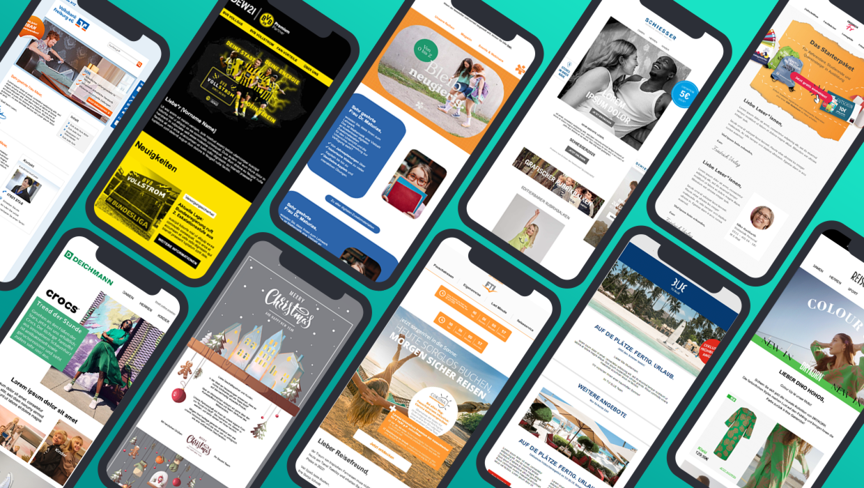 Mehrere Smartphone-Mockups mit unterschiedlichen Newsletter-Layouts auf türkisfarbenem Hintergrund.