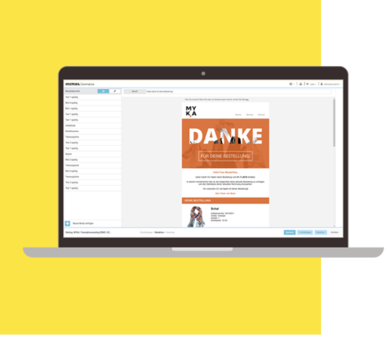 Laptop mit Screenshot eines orangefarbenen Dankes-Newsletters auf gelbem Hintergrund.