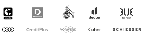 Mehrere Firmenlogos in Graustufen, darunter congstar, Deichmann, 1. FC Köln, deuter, TUI BLUE, Audi, CreditPlus, Vorwerk, Gabor, Schiesser