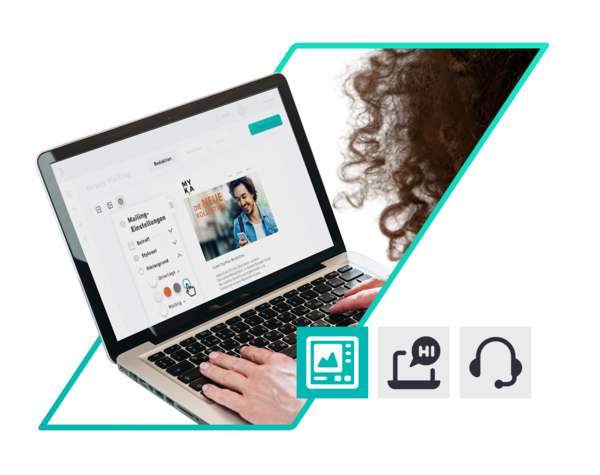 Eine Person tippt auf einem Laptop, auf dem ein E-Mail-Marketing-Editor angezeigt wird. Die Oberfläche zeigt Einstellungen für Mailings mit Optionen für Betreff, Pre-Header und Design-Stile, was auf einen Prozess zur Erstellung einer E-Mail-Kampagne hinweist.