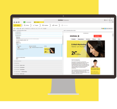 Monitor mit geöffnetem Newsletter‑Editor und Vorschau, Banner ‚E-Mail‑Marketing‘