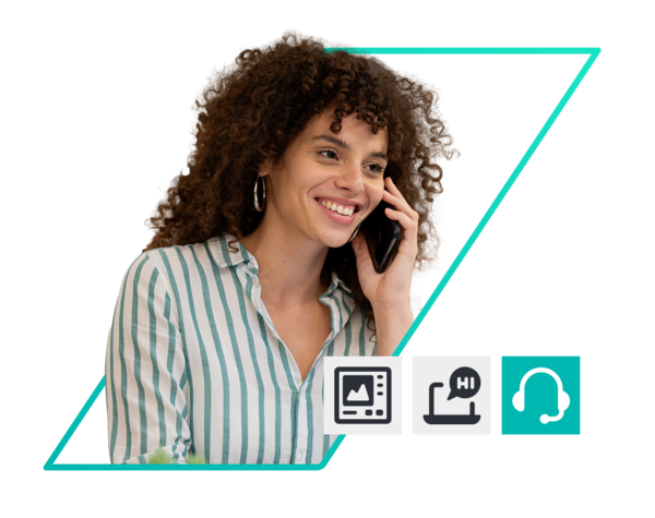 Eine Frau spricht lächelnd am Telefon, was auf Kundensupport oder Kundenkommunikation hindeutet. Drei Symbole darunter veranschaulichen Tools zur Erstellung von Kampagnen, Kommunikation und direktem Kundensupport, was einen serviceorientierten Ansatz hervorhebt.