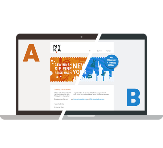 Grafik eines Laptops, der eine E-Mail-Kampagne für die Marke MYKA zeigt, bei der es um die Verlosung einer Reise nach New York geht. Auf dem Laptop-Bildschirm wird eine E-Mail angezeigt, die mit 'GEWINNEN SIE EINE REISE NACH NEW YORK' wirbt. Links und rechts neben dem Laptop befinden sich die Buchstaben 'A' und 'B', was auf einen A/B-Test hinweist, bei dem zwei Versionen der E-Mail verglichen werden.