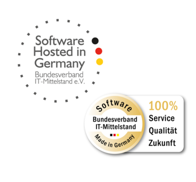 Siegel 'Software Hosted in Germany' des Bundesverbands IT‑Mittelstand mit 100% Service‑Qualität-Label