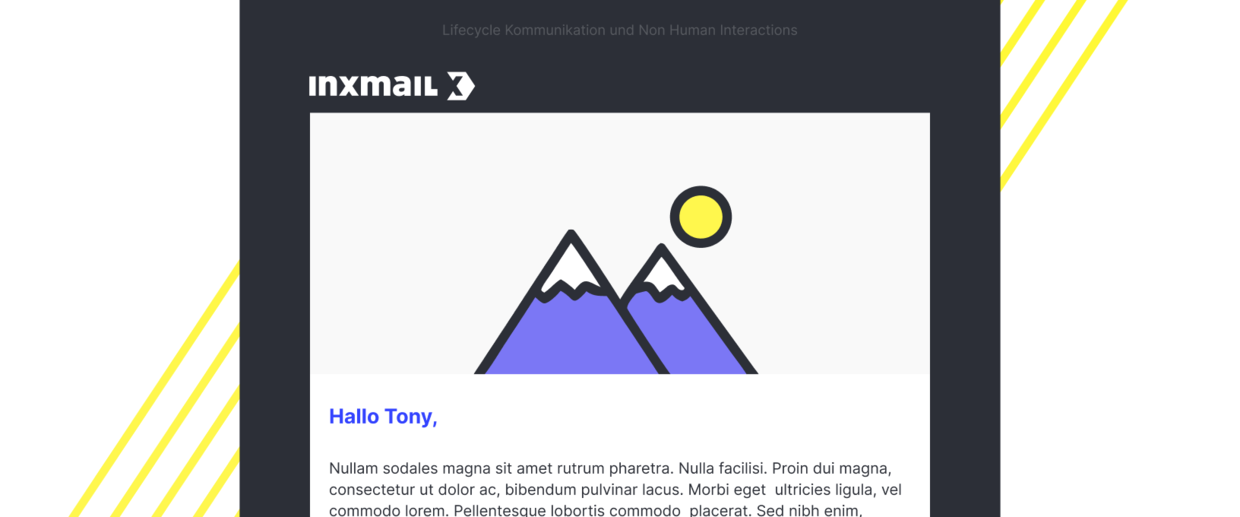 E‑Mail‑Vorlage mit lila Bergillustration, gelber Sonne und Inxmail‑Logo