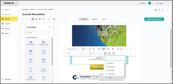 Benutzeroberfläche des Inxmail Newsletters im Entwurfsmodus, mit Optionen zur Auswahl von Layouts und Anpassung von Textelementen.