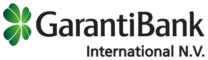 Logo der GarantiBank International mit einem stilisierten grünen Kleeblatt und schwarzem Schriftzug.