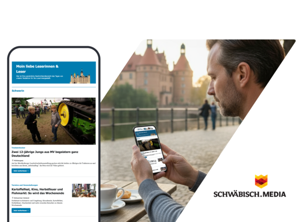 Person holding smartphone showing a newsletter, left newsletter layout and Schwäbisch.Media logo.