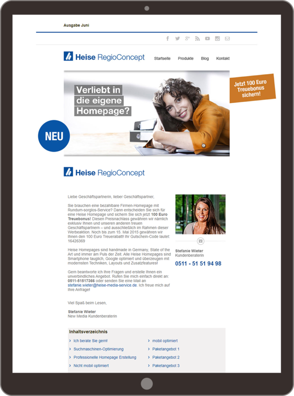 Newsletter von Heise RegioConcept, der eine Firmen-Homepage und einen 100-Euro-Treuebonus bewirbt. Enthält ein Bild einer Frau, die lächelnd auf einen Laptop schaut, sowie die Kontaktdaten der Kundenberaterin Stefanie Wieter.