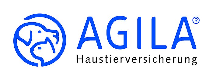 Logo der AGILA Haustierversicherung mit stilisierten Umrissen eines Hundes und einer Katze in einem blauen Kreis.