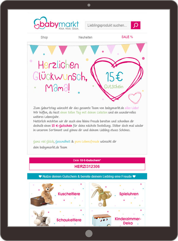 Newsletter von Babymarkt auf einem Tablet mit einem 15€ Geburtstagsgutschein für Mütter.