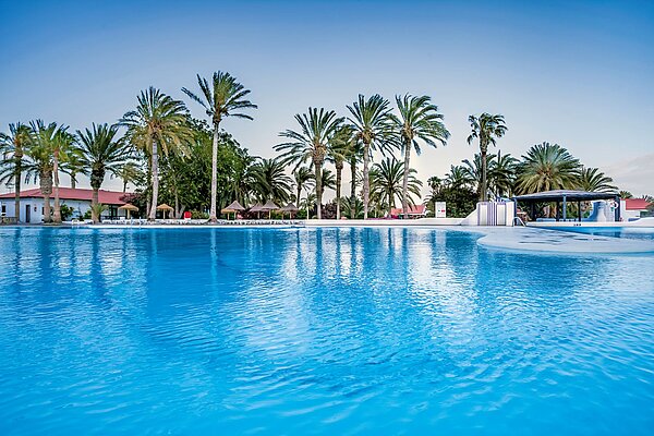 Ein großer Außenpool umgeben von Palmen, mit blauem Himmel im Hintergrund, Teil einer Resort-Anlage.