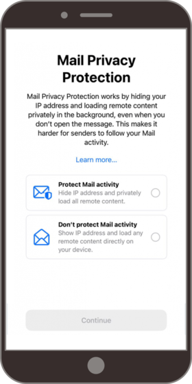 Mobile phone screen displaying the Mail Privacy Protection settings. Users can select to protect mail activity by hiding their IP address or choose not to protect and allow direct loading of remote content.