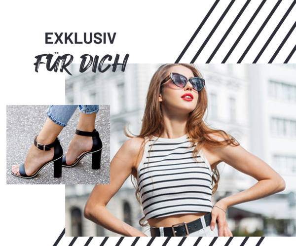 Woman in striped crop top wearing sunglasses with inset image of black high-heeled sandals