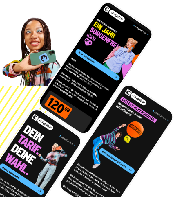 Three tilted smartphone screens showing congstar app, promotional texts and 120 GB badge next to two young people