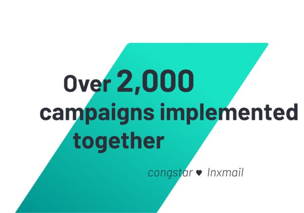Turquoise slanted panel with large text 'Over 2,000 campaigns implemented together' and small 'congstar ♥ Inxmail'.