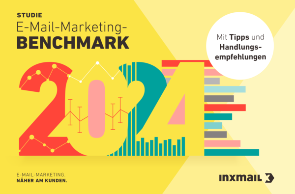 Cover einer Studie von Inxmail mit dem Titel 'E-Mail-Marketing-Benchmark 2024'. Das Design zeigt die Jahreszahl 2024 in großen, bunten Ziffern, die mit Diagrammen und grafischen Elementen überlagert sind. Ein weißer Kreis auf der rechten Seite enthält den Text 'Mit Tipps und Handlungsempfehlungen'. Das Inxmail-Logo befindet sich unten rechts im Bild.