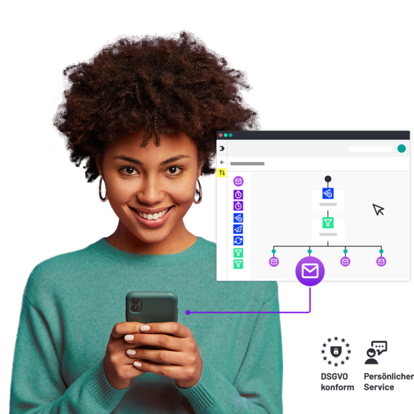 Lächelnde Frau mit lockigem Haar hält Smartphone, daneben geöffnete Flowchart-UI mit E‑Mail-Icons