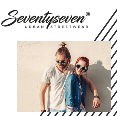 Young couple wearing sunglasses by a wall; Seventyseven Urban Streetwear logo above