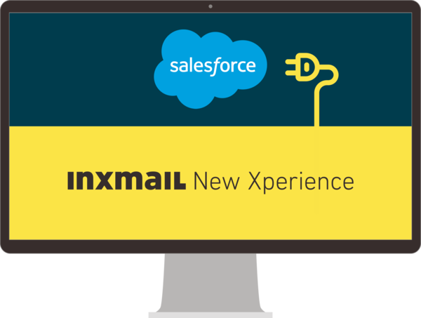 Grafik eines Desktop-Bildschirms, der die Integration von Salesforce mit Inxmail New Xperience darstellt. Oben auf dem Bildschirm ist das Salesforce-Logo in einer blauen Wolke zu sehen, daneben ein gelbes Stecker-Symbol. Unterhalb des Logos befindet sich auf einem gelben Hintergrund der Schriftzug 'Inxmail New Xperience'.