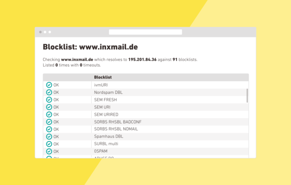 Screenshot zeigt die Überprüfung einer Domain gegen verschiedene Blocklisten mit dem Ergebnis, dass die Domain nicht gelistet ist.