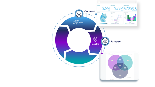 Kreislauf-Diagramm, das die Phasen "Data", "Connect", "Insights" und "Analyse" darstellt. Es sind visuelle Datenanalysen eingebunden, die Finanzkennzahlen und eine Venn-Diagramm-Analyse umfassen.