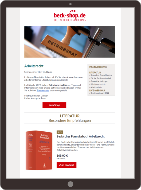 Tablet-Bildschirm zeigt einen Newsletter von beck-shop.de mit dem Thema Arbeitsrecht, inklusive einer Auswahl an arbeitsrechtlicher Literatur und einer Empfehlung für das Beck'sche Formularbuch Arbeitsrecht.