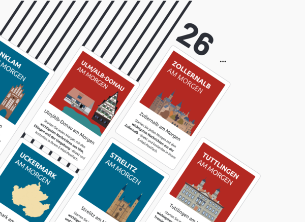 Diagonal arrangement of cards with place names and town illustrations, large number '26'.