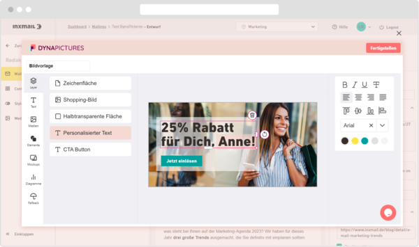 Screenshot des Inxmail-Editors mit einer Vorschau eines personalisierten E-Mail-Marketing-Banners. Das Banner zeigt eine Frau mit Einkaufstaschen und den Text '25% Rabatt für Dich, Anne!'. Es gibt Optionen zur Bearbeitung von Text, Bildern und Schaltflächen.