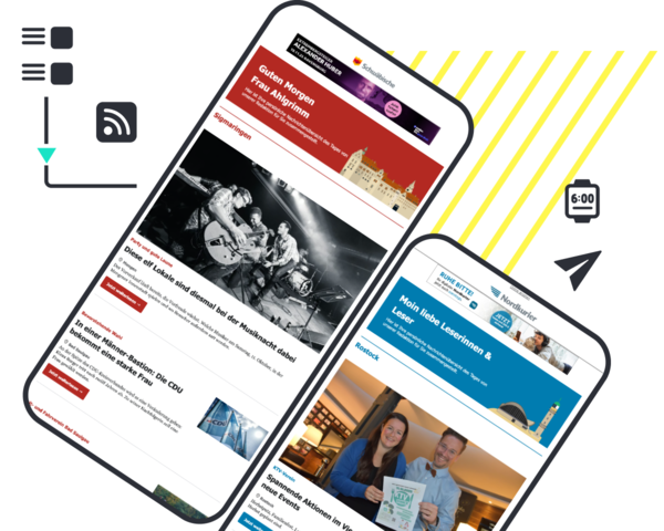 Two overlapping smartphone displays showing newsletter layouts, left red header, right blue header