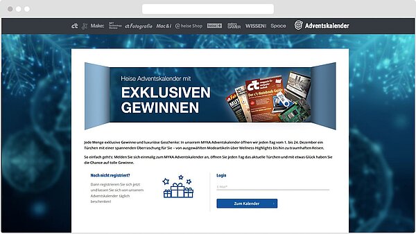 Screenshot einer Heise-Adventskalender-Seite mit dem Titel 'Heise Adventskalender mit EXKLUSIVEN GEWINNEN'. Rechts sind mehrere Magazine und ein Webinar-Angebot zu sehen. Unten auf der Seite befinden sich Login-Felder und ein Button zum Öffnen des Kalenders.