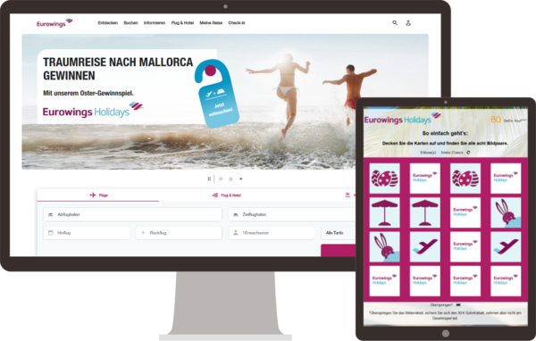 Monitor und Tablet zeigen eine Eurowings Holidays Gewinnspiel-Seite mit dem Slogan 'Traumreise nach Mallorca gewinnen'.