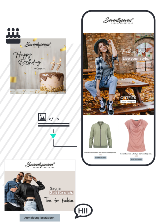 Collage with newsletter preview on a smartphone, product images and birthday motif