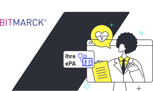 Person in front of a browser window with heart speech bubble, 'Ihre ePA' text and BITMARCK logo
