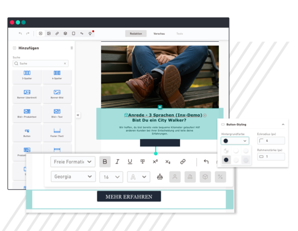 Screenshot eines Editors mit Vorschaubild, Textblock und hervorgehobenem Button