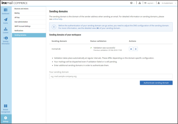 Inxmail Commerce Benutzeroberfläche, die die Einstellungen für sendende Domains zeigt. Der Abschnitt zeigt den Status der Domain-Validierung für "inxmail.de", welche erfolgreich abgeschlossen wurde. Benutzer können zusätzliche sendende Domains hinzufügen und authentifizieren, um E-Mail-Kampagnen von verschiedenen Absender-Domains zu versenden.