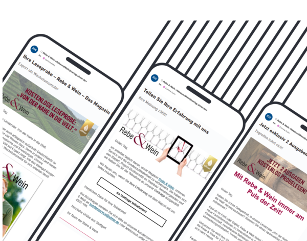 Drei Smartphone-Mockups mit Ansichten des Magazins 'Rebe & Wein' vor gestreiftem Hintergrund