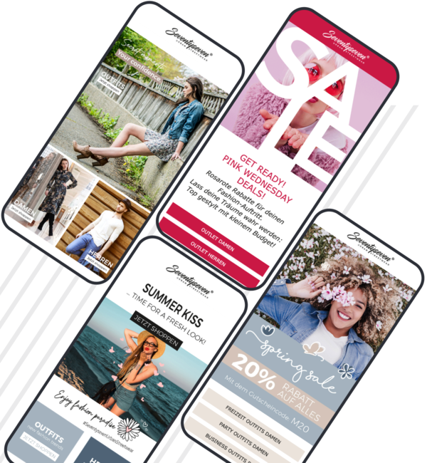 Four tilted smartphone newsletter screens with fashion photos and discount offers