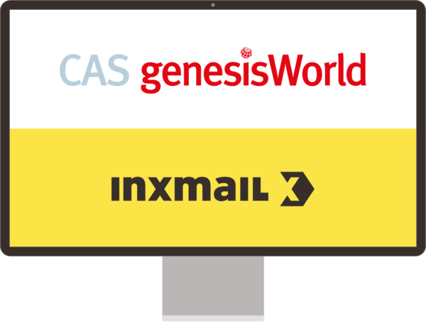 Grafik eines Desktop-Bildschirms, der die Logos von CAS genesisWorld und Inxmail zeigt. Das CAS genesisWorld-Logo befindet sich oben auf einem weißen Hintergrund, während das Inxmail-Logo unten auf einem gelben Hintergrund platziert ist.