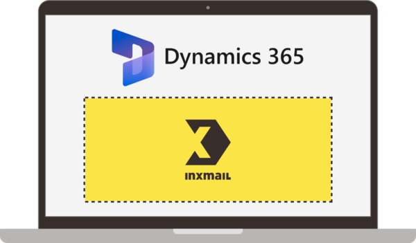 Grafik eines Laptops, der die Integration von Microsoft Dynamics 365 mit Inxmail darstellt. Oben im Bildschirm wird das Dynamics 365-Logo zusammen mit dem Text 'Dynamics 365' angezeigt. Darunter ist ein gelbes Feld mit dem Inxmail-Logo zu sehen, das von einer gestrichelten Linie umrahmt ist.