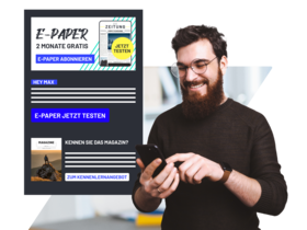 Bearded man with glasses smiling at a smartphone next to a newsletter layout advertising an e-paper