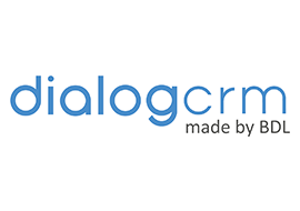 Logo von dialogcrm, bestehend aus dem Schriftzug 'dialogcrm' in blauer Farbe mit dem Zusatz 'made by BDL' in grauer Schrift auf weißem Hintergrund.