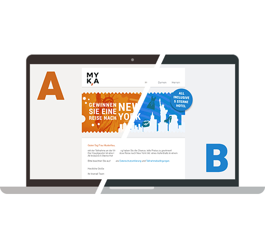 Grafik eines Laptops, der eine E-Mail-Kampagne für die Marke MYKA zeigt, bei der es um die Verlosung einer Reise nach New York geht. Auf dem Laptop-Bildschirm wird eine E-Mail angezeigt, die mit 'GEWINNEN SIE EINE REISE NACH NEW YORK' wirbt. Links und rechts neben dem Laptop befinden sich die Buchstaben 'A' und 'B', was auf einen A/B-Test hinweist, bei dem zwei Versionen der E-Mail verglichen werden.