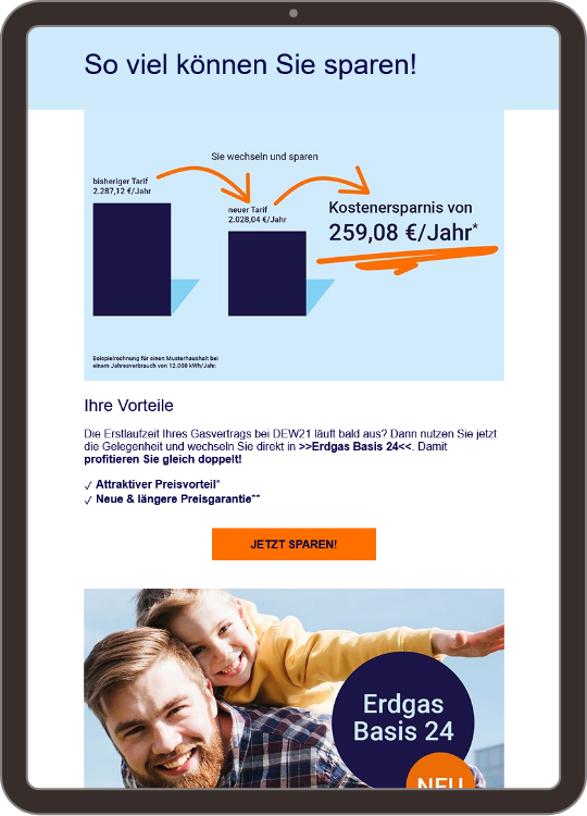 Screenshot eines DEW21-Newsletters auf einem Tablet, der eine potenzielle jährliche Kostenersparnis von 259,08 € bei einem Tarifwechsel hervorhebt, sowie die Vorteile des Wechsels zu einem neuen Erdgas-Tarif.